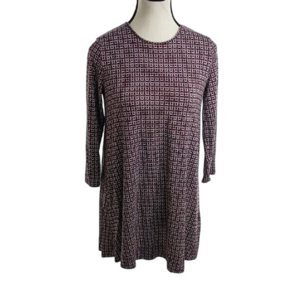 J Jill Tunic Blouse Burgundy Geometric Stretch 3/4 Sleeve Womens Size XS - Picture 1 of 7